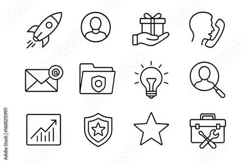 Solo Entrepreneur Icons. Outline icon set of solo entrepreneur journey: launch rocket, personal brand, value