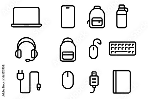 Hybrid Work Essentials Icons. Outline icon set of hybrid work essentials: laptop, smartphone, tablet, headset,