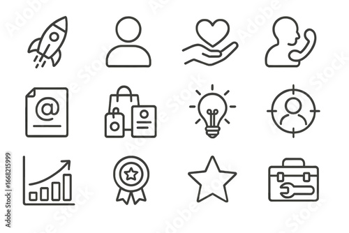 Solo Entrepreneur Icons. Outline icon set of solo entrepreneur journey: launch rocket, personal brand, value