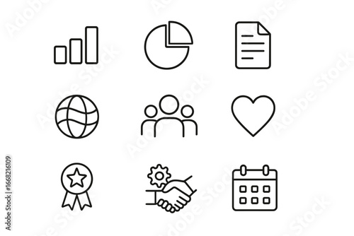 Impact Measurement Icons. Outline icon set of impact measurement: bar chart, pie chart, document, magnifying