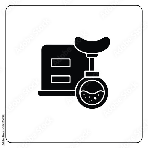 Scientific research and data analysis concept icon displaying laptop computer and laboratory flask for data driven experiments and findings