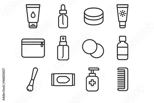 Travel Skincare Icon Set. Outline icon set of travel skincare kit: mini cleanser, travel serum, compact
