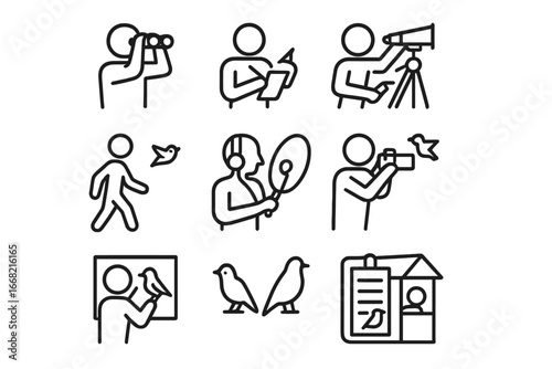 Birdwatching Icon Set. Outline icon set of birdwatching activities: scanning, noting behavior, setting scope,