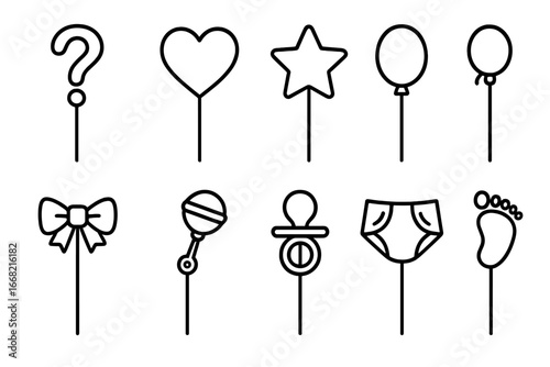Gender Reveal Icons. Outline icon set of baby gender reveal toppers: question mark, pink heart, blue star,