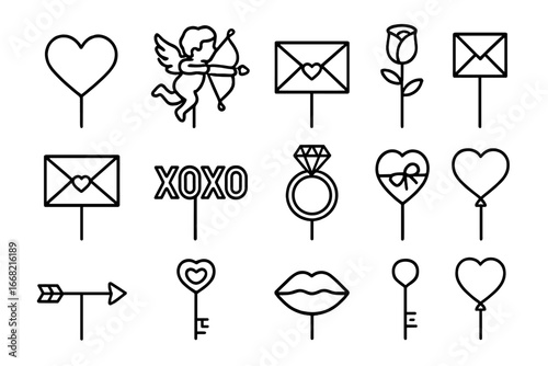 Valentine's Icon Set. Outline icon set of Valentine’s Day toppers: heart, cupid, love letter, rose, envelope,