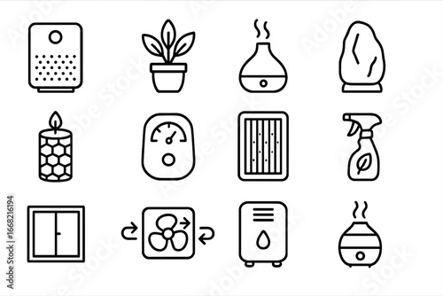 Indoor Air Quality Icons. Outline icon set of indoor air quality improvement: air purifier, houseplant,