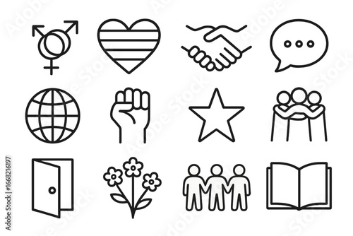 Inclusivity Icon Set. Outline icon set of gender inclusivity: gender symbols, rainbow heart, handshake, speech