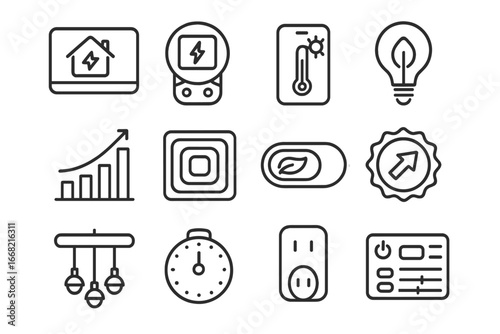 Energy Efficiency Icons. Outline icon set of digital tools for energy efficiency: home energy monitor, smart