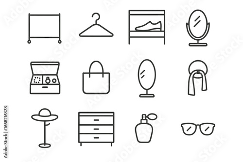 Influencer Wardrobe Icons. Outline icon set of influencer wardrobe organization: clothes rack, hanger, shoe