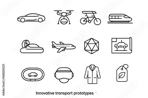 Innovative Transport Icons. Outline icon set of innovative transport prototypes: concept car, drone taxi,