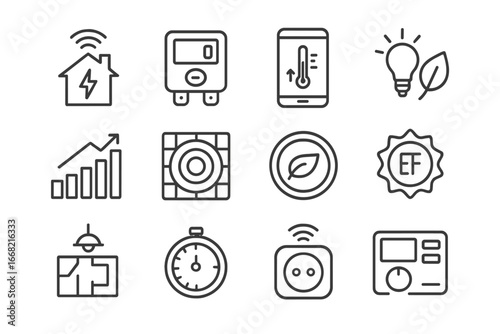 Energy Efficiency Icons. Outline icon set of digital tools for energy efficiency: home energy monitor, smart