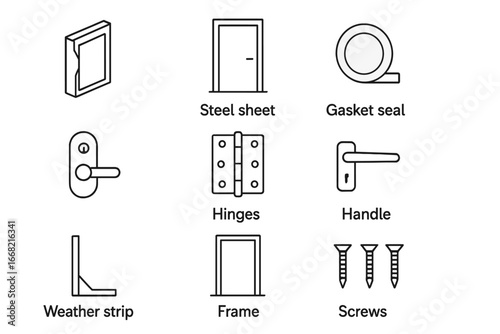 Insulated Doors Icons Grid. Outline icon set of insulated doors: foam core, steel sheet, gasket seal, lockset,