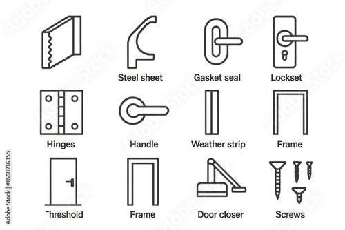 Insulated Doors Icons Grid. Outline icon set of insulated doors: foam core, steel sheet, gasket seal, lockset,