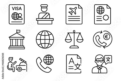 Esports Law Icons. Outline icon set of international esports laws: visa document, customs icon, travel policy,