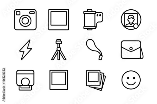 Instant Photo Icon Set. Outline icon set of instant photo printing: instant camera, developing photo, film