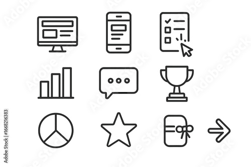 Interactive Icons Grid. Outline icon set of interactive landing pages: computer screen, mobile phone, quiz