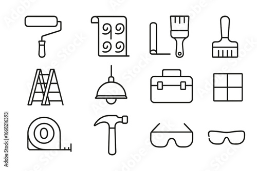 Interior Renovation Icons. Outline icon set of interior renovation: paint roller, paint bucket, wallpaper,