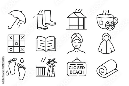 Rainy Vacation Icons. Outline icon set of rainy day on tropical vacation: umbrella, rain boots, covered patio,