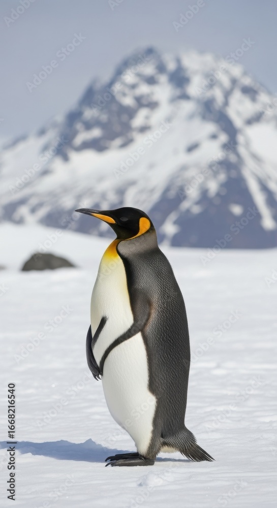 Fototapeta premium Elegant Emperor: Majestic penguin stands amidst snowcapped mountain scenery