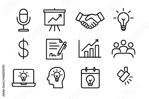 Investor Pitch Icons. Outline icon set of pitching to investors: microphone, presentation board, handshake,
