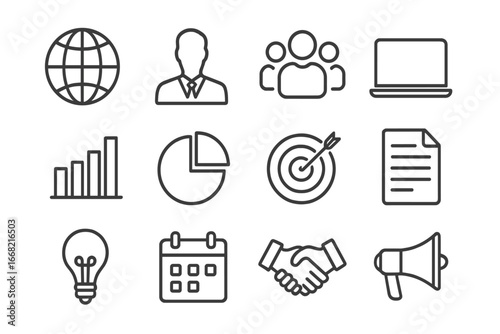 International Marketing Icons. Outline icon set of international marketing team leadership: globe, manager