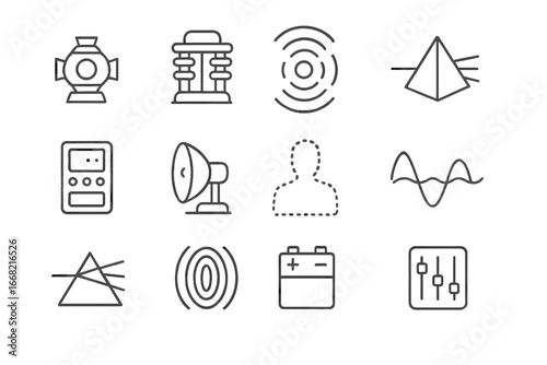 Invisibility Field Icons. Outline icon set of invisibility field generators: power core, coil system, energy