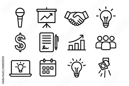 Investor Pitch Icons. Outline icon set of pitching to investors: microphone, presentation board, handshake,