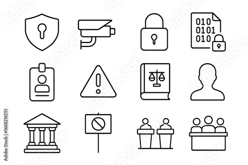 Invisibility Safety Icons Set. Outline icon set of invisibility safety and ethics: privacy shield,