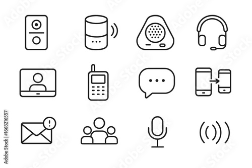 IoT Communication Icons. Outline icon set of IoT office communication: smart intercom, voice assistant,