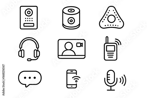 IoT Communication Icons. Outline icon set of IoT office communication: smart intercom, voice assistant,