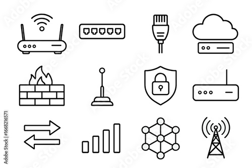 IoT Networking Icons. Outline icon set of IoT office networking: Wi-Fi router, network switch, LAN cable,