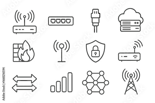 IoT Networking Icons. Outline icon set of IoT office networking: Wi-Fi router, network switch, LAN cable,