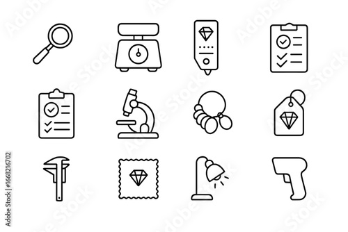 Jewelry Inspection Tools. Outline icon set of jewelry quality assurance: magnifying loupe, scale, gemstone
