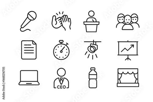 Keynote Speech Icons. Outline icon set of keynote speech moments: microphone, applause hands, podium, audience