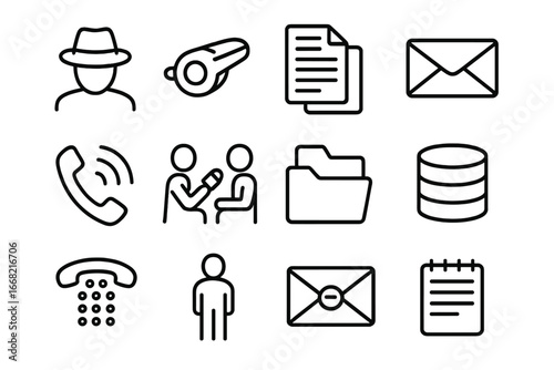Journalistic Icon Set. Outline icon set of journalistic sources: anonymous figure, whistleblower, official