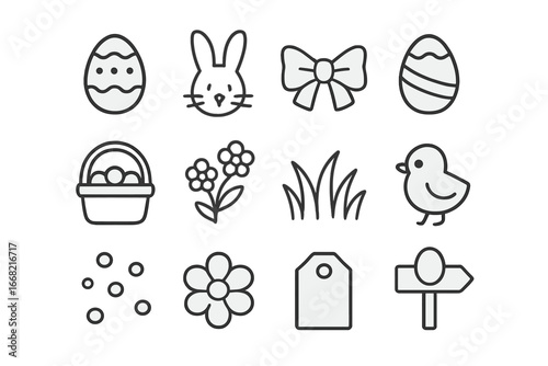 Easter Icon Set. Outline icon set of Easter egg basket: painted egg, bunny, ribbon bow, chocolate egg, pastel