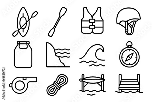 Kayaking Icon Collection. Outline icon set of kayaking and canoeing: kayak, paddle, life jacket, helmet,