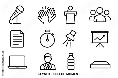 Keynote Speech Icons. Outline icon set of keynote speech moments: microphone, applause hands, podium, audience