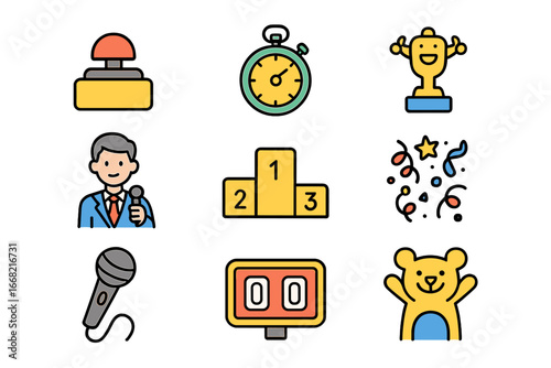 Kids Game Show Icons. Outline icon set of kids game shows: colorful buzzer, timer, cartoon prize, host, podium