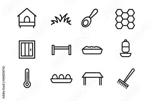 Hen House Icons. Outline icon set of hen house care: nesting box, straw bedding, egg scoop, chicken wire, coop