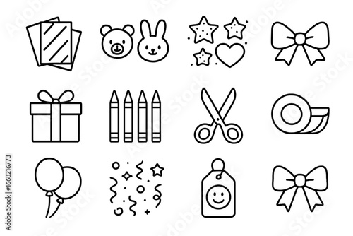 Kids' Gift Wrapping Icons. Outline icon set of Kids’ gift wrapping: colorful paper, cartoon characters,