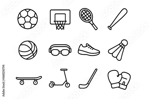 Kids' Sports Icons Grid. Outline icon set of kids’ sports activities: soccer ball, basketball hoop, tennis