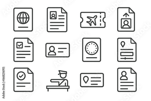 Visa Forms Icon Set. Outline icon set of visa and immigration forms: passport icon, visa application, flight