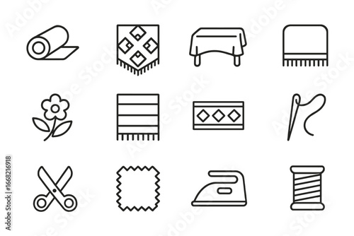 Kitchen Runner Icons. Outline icon set of decorative runners for kitchen: fabric roll, patterned runner,