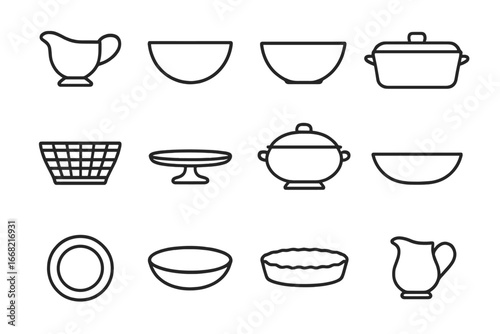 Kitchen Serveware Icons. Outline icon set of home kitchen serveware: gravy boat, mixing bowl, salad bowl,