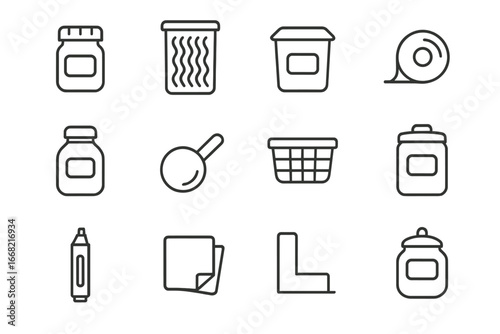 Kitchen Storage Icons. Outline icon set of kitchen storage labeling: spice jar, pasta container, flour bin,