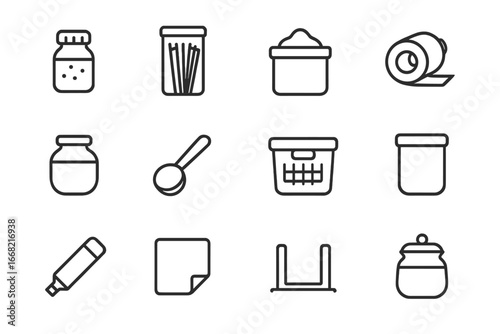 Kitchen Storage Icons. Outline icon set of kitchen storage labeling: spice jar, pasta container, flour bin,