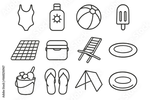Summer Gear Icons. Outline icon set of summer fun gear: swimsuit, sunscreen, beach ball, popsicle, picnic mat,