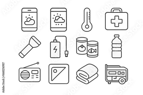 Weather Prep Icons. Outline icon set of weather preparedness: weather app, forecast screen, thermometer,