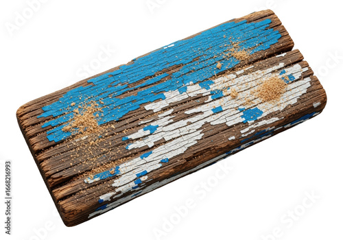 A weathered, rough-cut dark brown wooden plank with coarse texture, peeling blue and white paint, and fine sawdust, on a seamless transparent background. Concept of aged material texture
